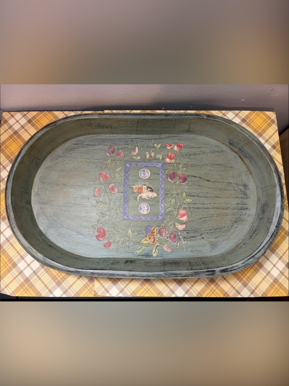 Painted ( kitty cat transfers)Decorative Tray in Sage Green